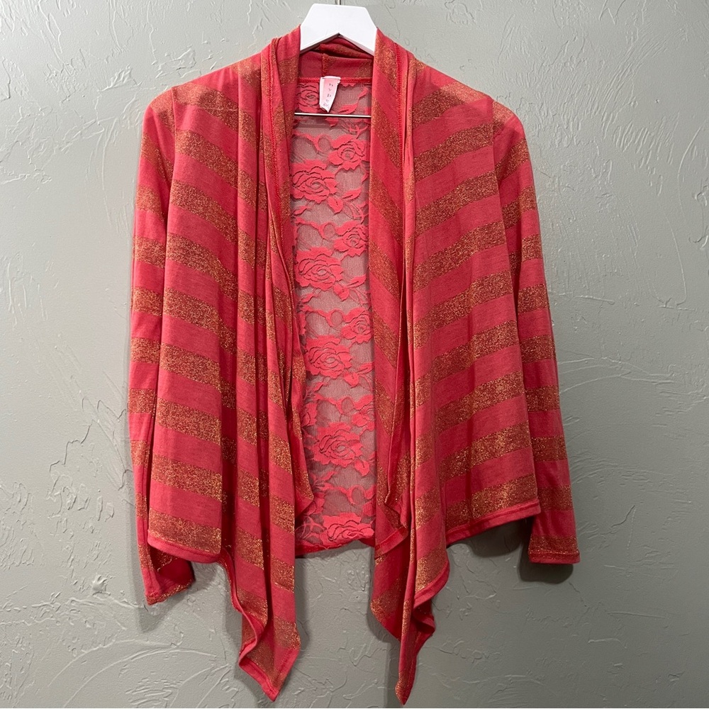 Hype Coral Pink Gold Cardigan Lace Back Open Front Stripes Floral size medium